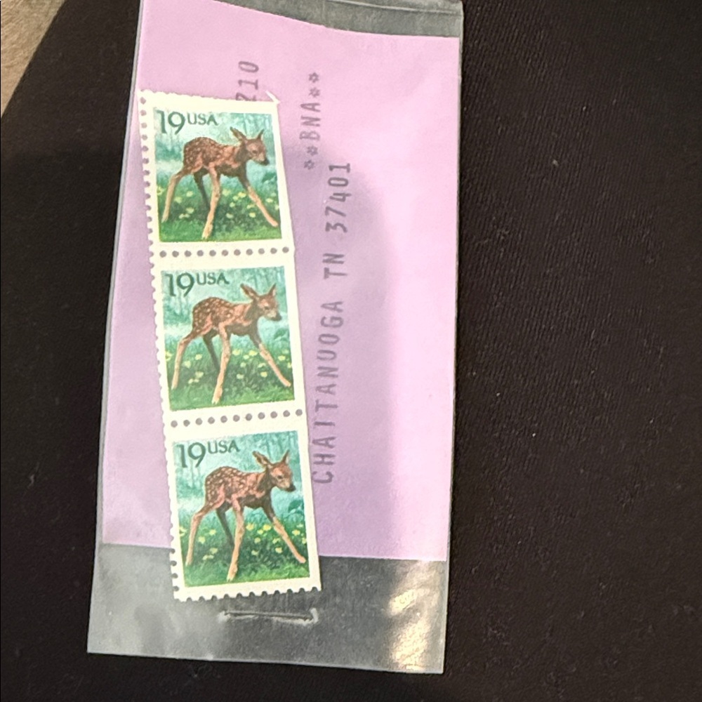 Vintage 19¢ Deer Stamp Strip on Lavender Backing